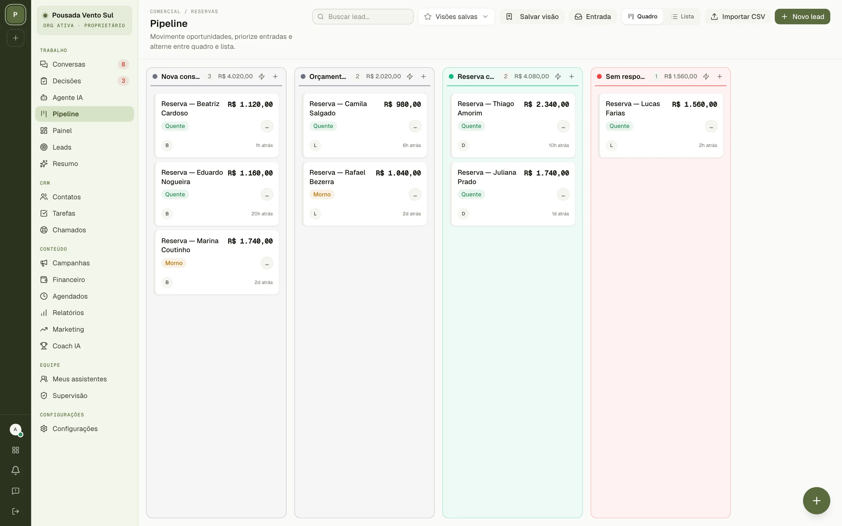 Pipeline de vendas do MayCRM em quadro, com os leads distribuídos pelas etapas